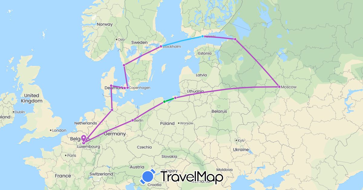 TravelMap itinerary: driving, bus, train, boat in Belgium, Germany, Denmark, Finland, Poland, Russia, Sweden (Europe)